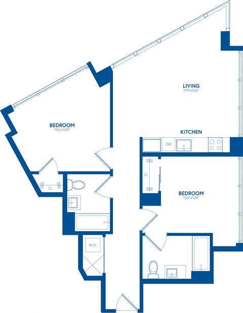 Floor plan for 2 beds, 2 baths, 965 sqft